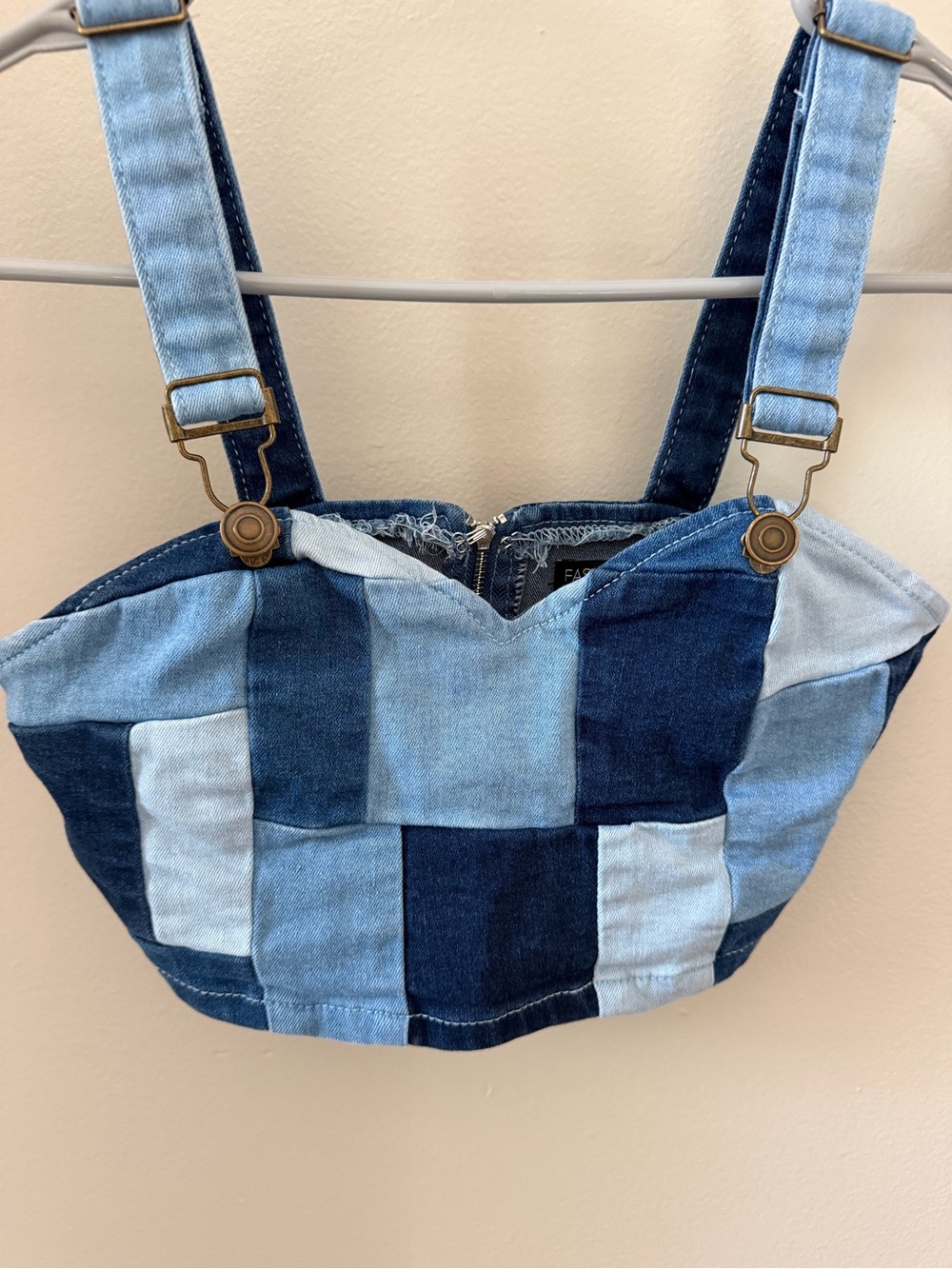 Fashion Nova Light & Dark Blue Patchwork Denim Zip Crop Top. XS/S